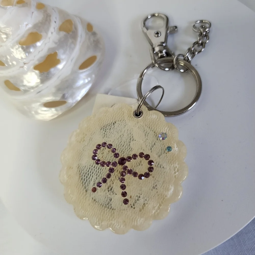 Set of 2 Acrylic Lace Flower / Mirror Keychain Purse Charm Rhinestone Bow